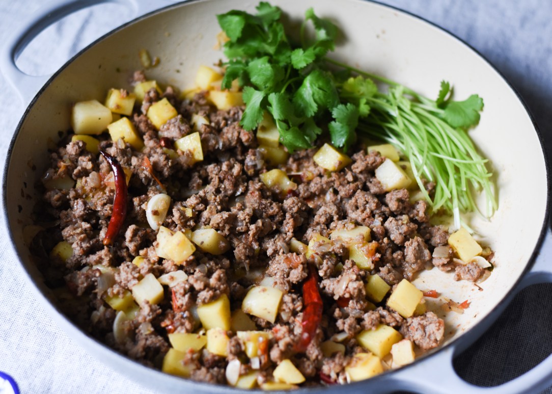 Mexican picadillo,ground beef and potatoes simmered with chilies
