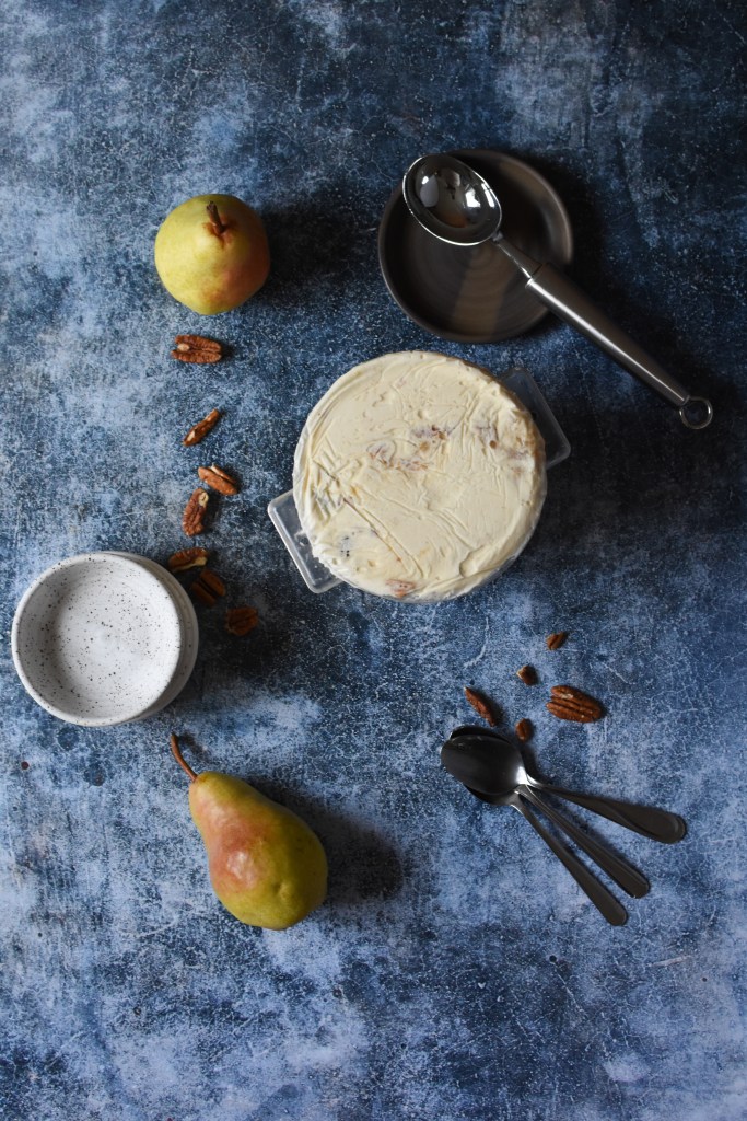 Caramelized pear toasted pecan ice cream ready to be scooped, recipe.