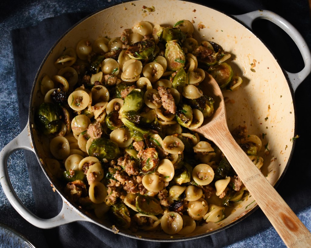 Orecchiette with brussel sprouts in a Le Creuset braiser. Easy dinner. 