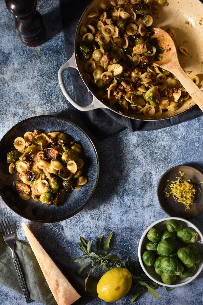 Lemon brussel sprouts pasta orechiette. Easy fall dinner. 