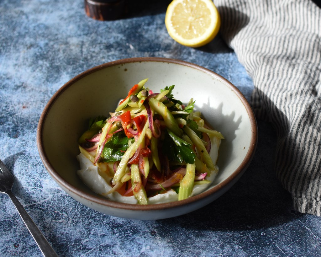 crunchy, tangy celery salad with yogurt